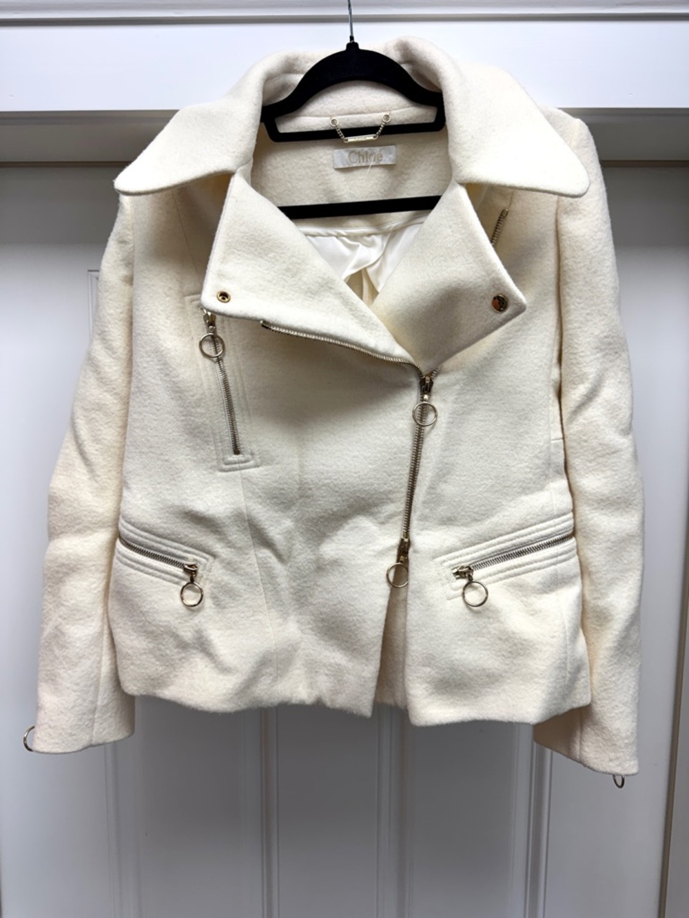 CHLOÉ Off-White Wool Moto Jacket Gold Ring Zippers Archival 2008 - Picture 3 of 13
